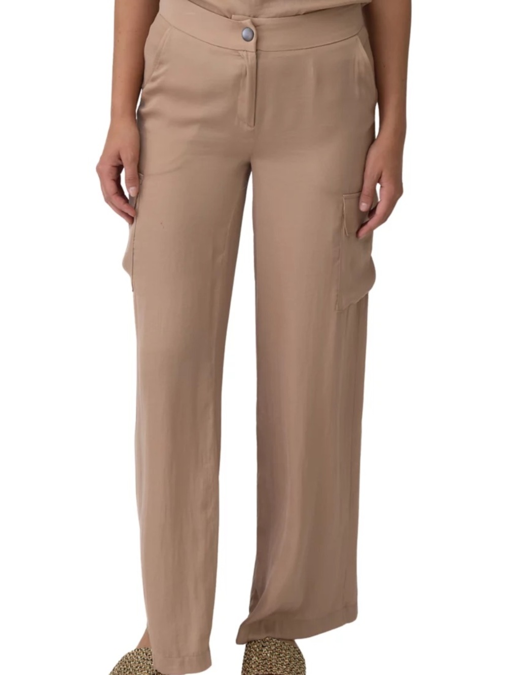 Adrienne Landau Wide-Leg Cargo Pants in Taupe Satin